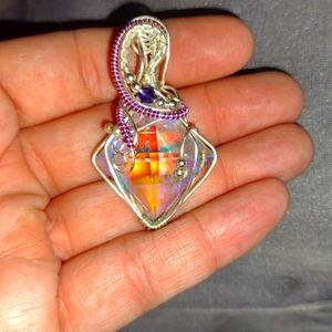 Square ab crystal wire wrapped pendant